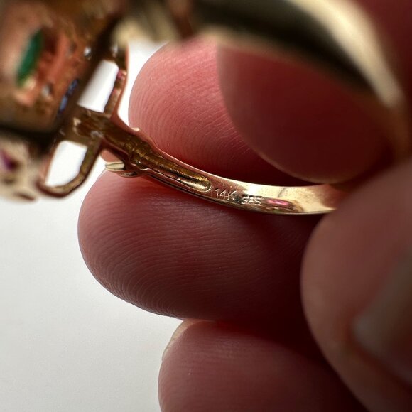 Womens Ring 14K Gold Emerald Diamond Red Blue Spinel 3.9 Grams Size 7 Estate - Picture 4 of 6